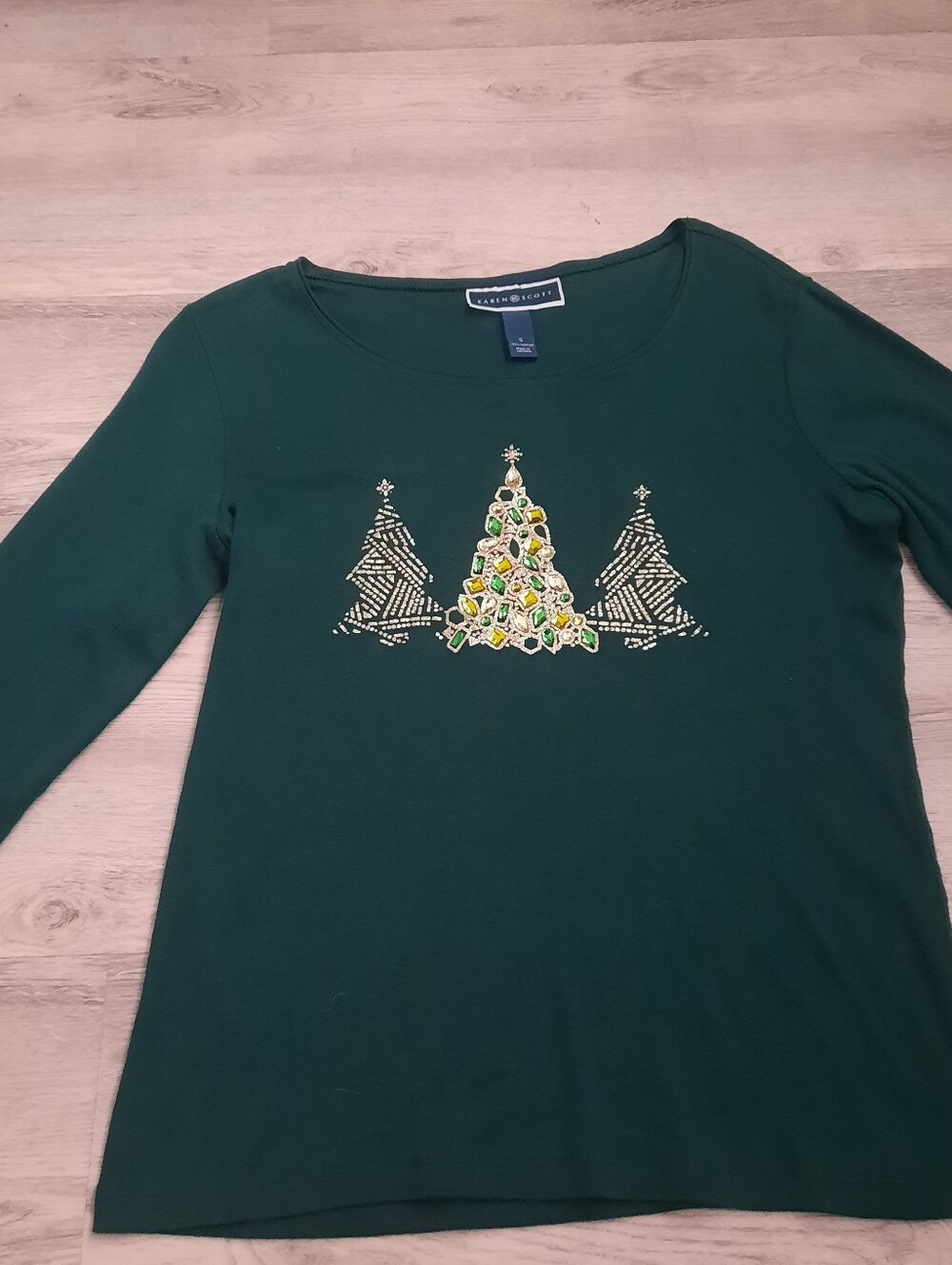 Karen Scott Dark Green Long-Sleeve Embellished Tree Crewneck Top